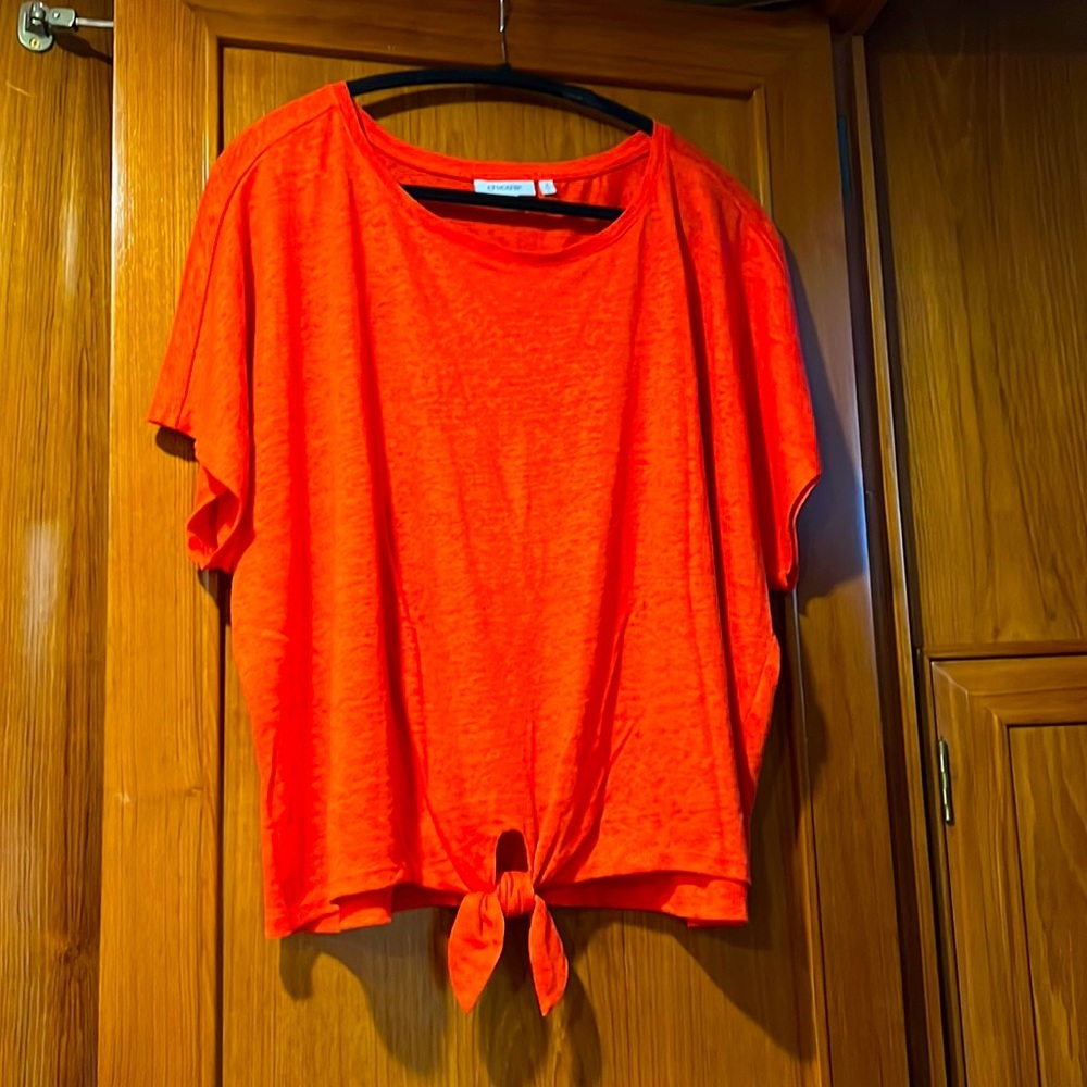 # Chico’s Bright Orange Linen Weave Tie-Front Women’s Top (Sz 2 = Large)
